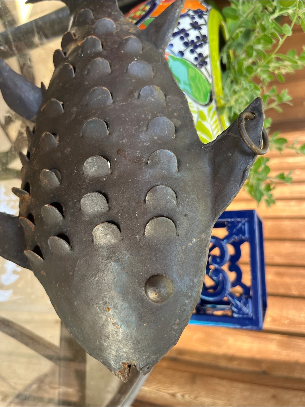 Vintage Pier 1, Rustic Metal Fish Votive/Fairy Lights Holder. Tabletop/Hanging.